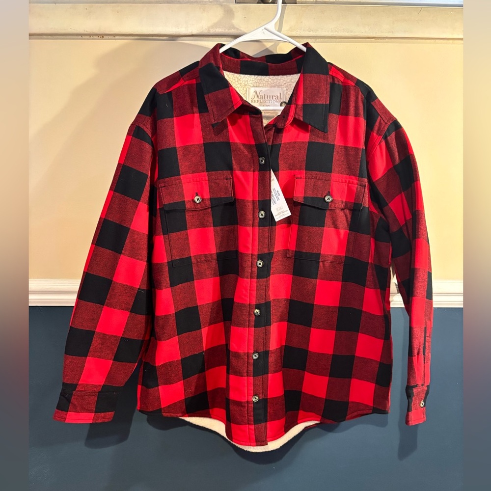 Natural Reflections Red and Black Plaid Button Down Fleece, Women’s Size Large